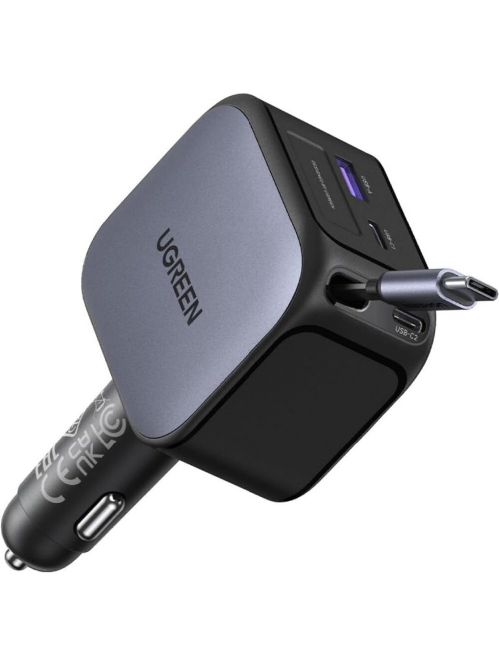 145W 4-Port Retractable Car Charger & 60W Cable - Fast Charging, Compact Design